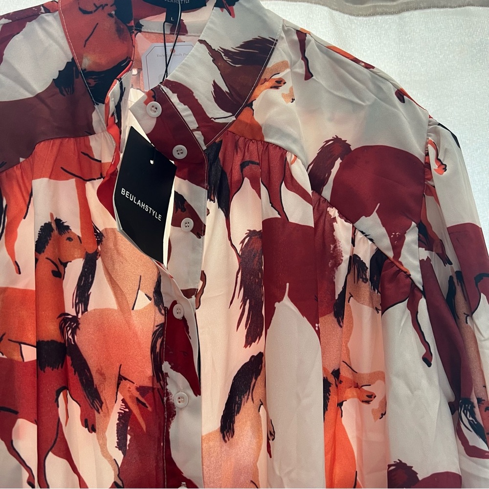 NWT Beulah Style Western Running Horses Shirt Dress RARE PRINT Size L - Picture 2 of 7